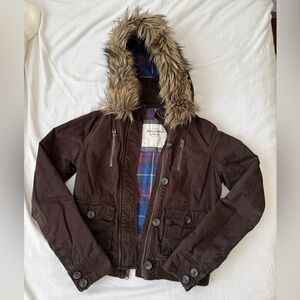 Abercrombie & Fitch Vintage Y2K Rare Dark Brown Jacket with Fur Hood
